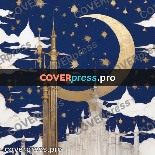 Amano style painting: tower beside a crescent