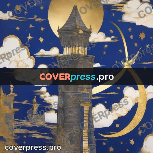 Amano style painting: tower beside a crescent