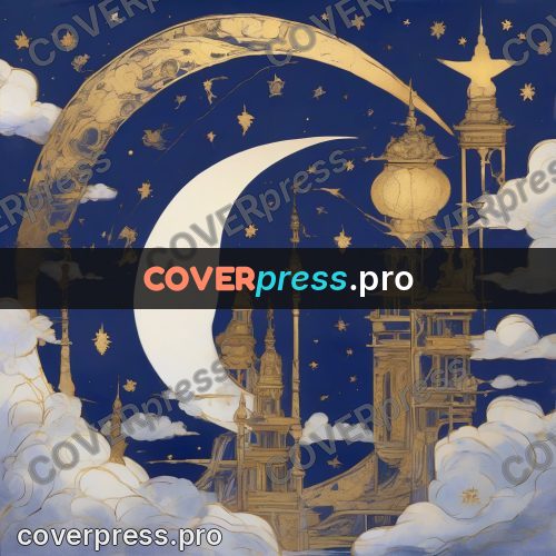 Amano style painting: tower beside a crescent