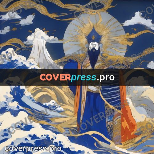 Amano style painting: old man above the sea waves