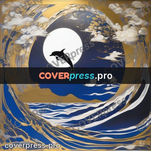 Amano style painting: dolphin above a wave