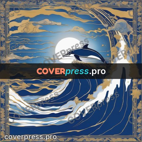Amano style painting: dolphin above a wave