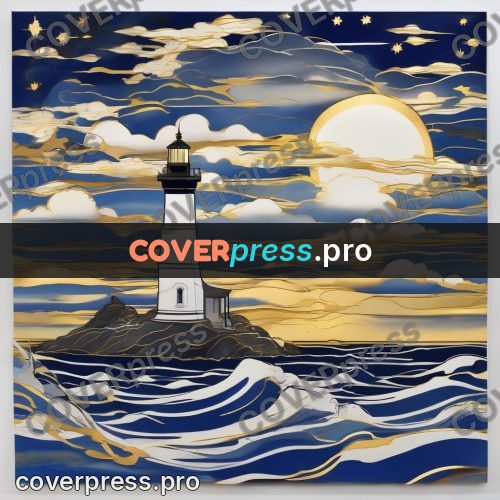 Amano style painting: lighthouse above rough waves