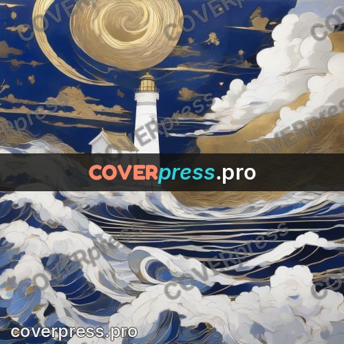 Amano style painting: lighthouse above rough waves