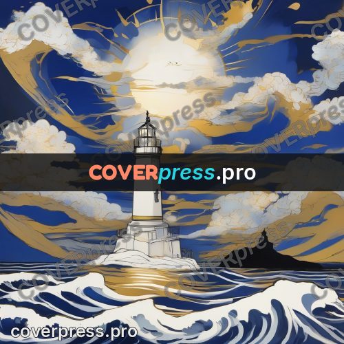Amano style painting: lighthouse above rough waves