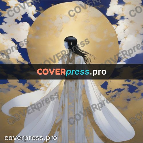 Amano style painting: woman in white among clouds