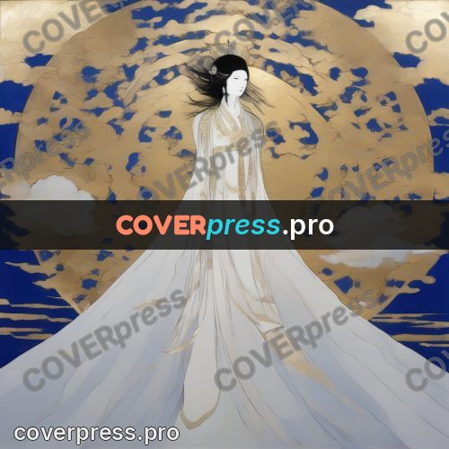 Amano style painting: woman in white among clouds