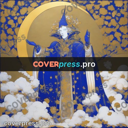 Amano style painting: figure among clouds with a crescent