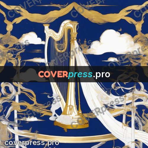 Amano style painting: golden harp among the clouds
