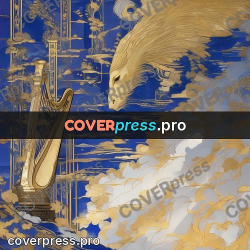 Amano style painting: golden harp among the clouds