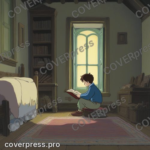В стиле Аниме-кадр: мальчик в вязаном свитере сидит на полу с раскрытой книгой на коленях и занимает половину