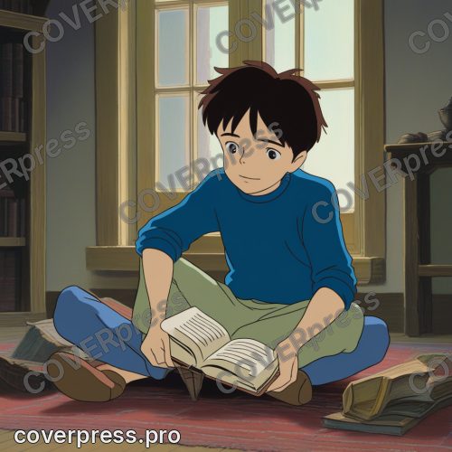 В стиле Аниме-кадр: мальчик в вязаном свитере сидит на полу с раскрытой книгой на коленях и занимает половину