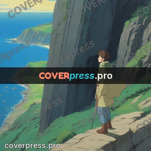 Anime style drawing: figure on a green cliff