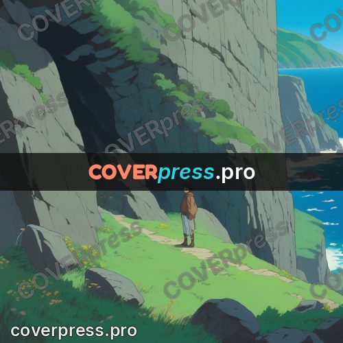 Anime style drawing: figure on a green cliff
