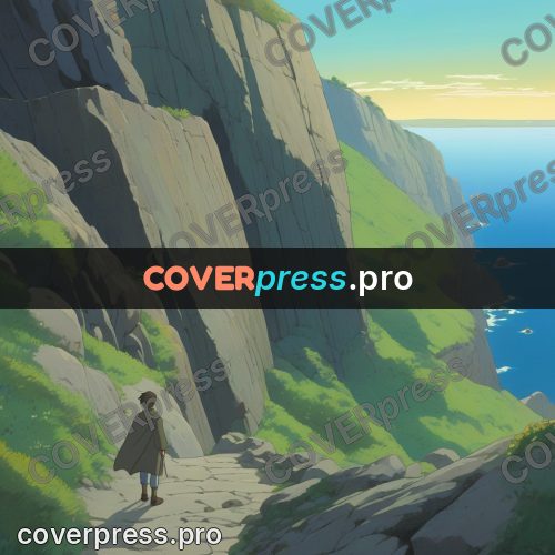 Anime style drawing: figure on a green cliff