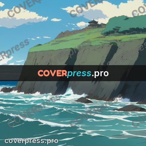 Anime style drawing: green cliffs above the sea