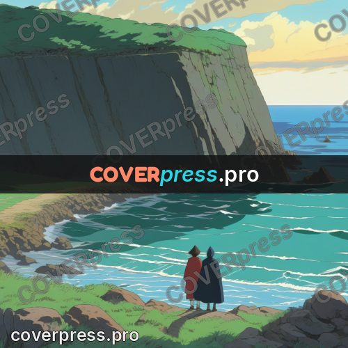 Anime style drawing: green cliffs above the sea