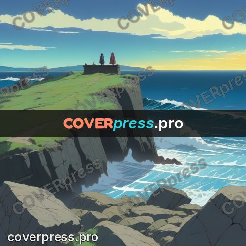 Anime style drawing: green cliffs above the sea
