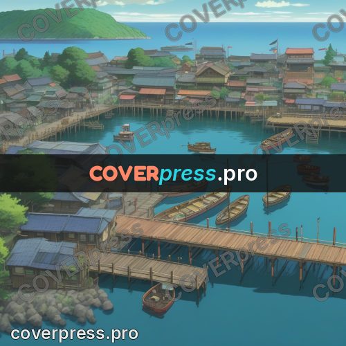 Anime style drawing: harbour town with piers