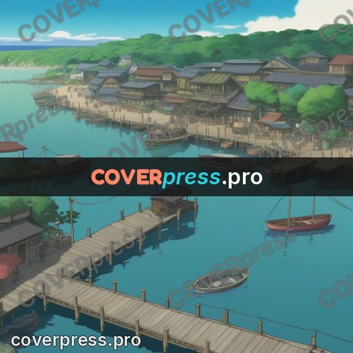 Anime style drawing: harbour town with piers