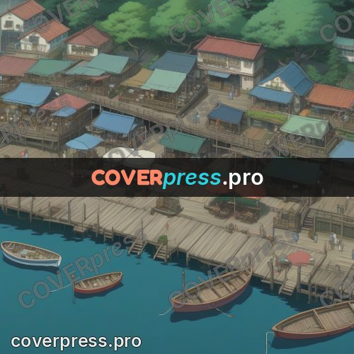 Anime style drawing: harbour town with piers