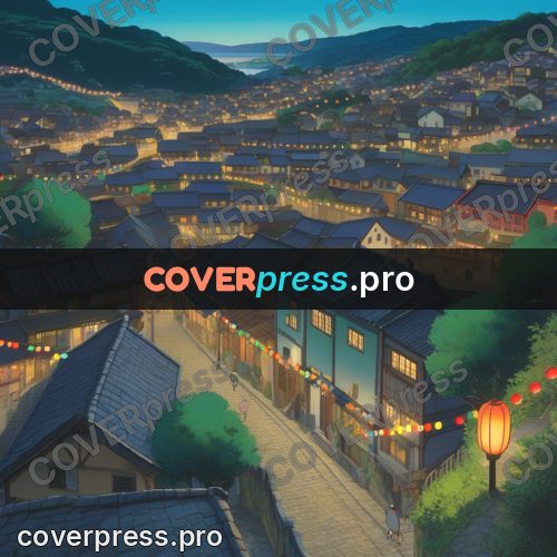Anime style drawing: town roofs at dusk