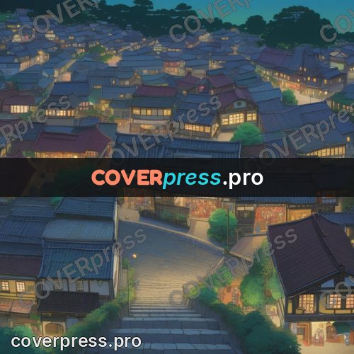 Anime style drawing: town roofs at dusk