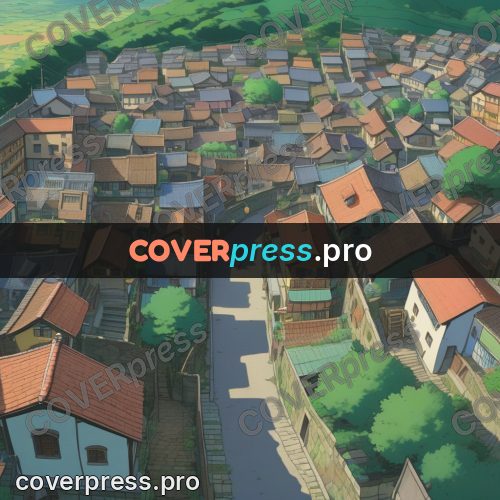 Anime style drawing: town roofs at dusk