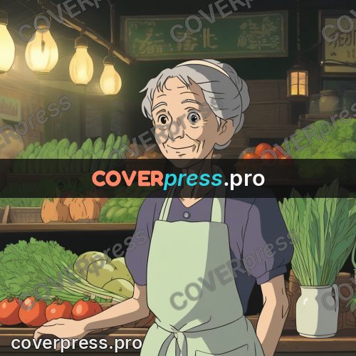 Anime style drawing: old woman at a stall