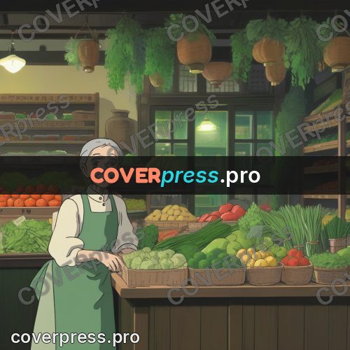 Anime style drawing: old woman at a stall