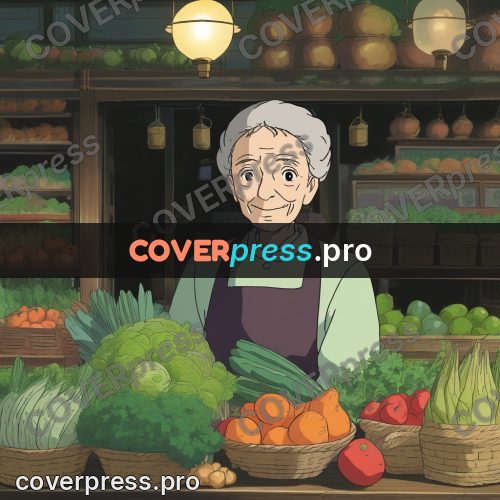 Anime style drawing: old woman at a stall