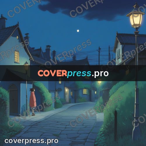 Anime style drawing: night street with lamps