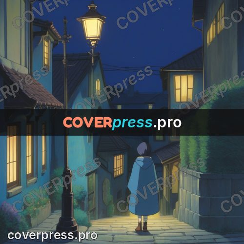 Anime style drawing: night street with lamps