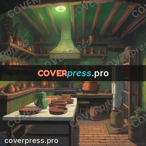 Anime style drawing: kitchen with copper pots