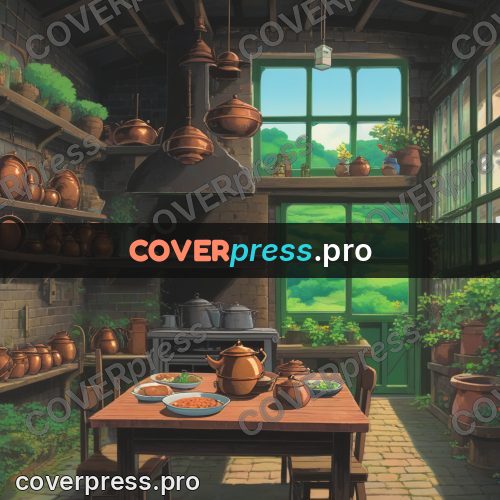 Anime style drawing: kitchen with copper pots