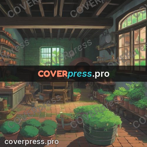 Anime style drawing: kitchen with copper pots