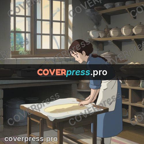 Anime style drawing: woman kneading dough