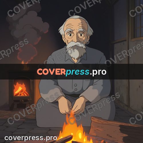Anime style drawing: old man by a fire