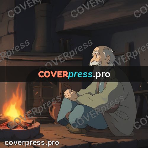 Anime style drawing: old man by a fire