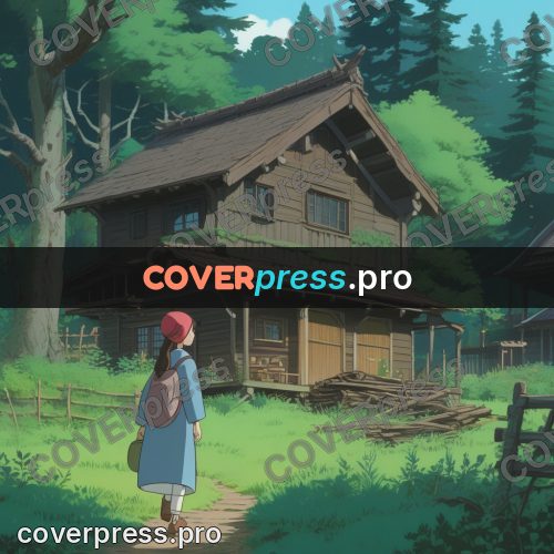 Anime style drawing: wooden house in greenery