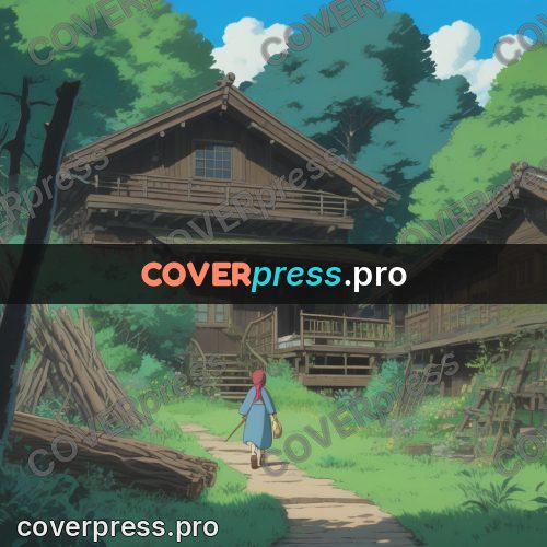 Anime style drawing: wooden house in greenery