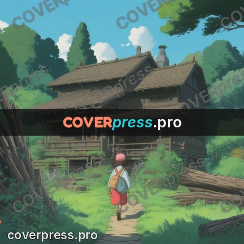 Anime style drawing: wooden house in greenery