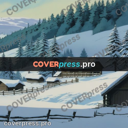Anime style drawing: snowy village among firs