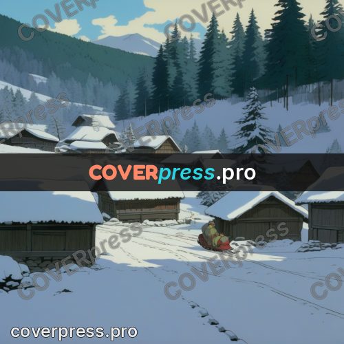 Anime style drawing: snowy village among firs
