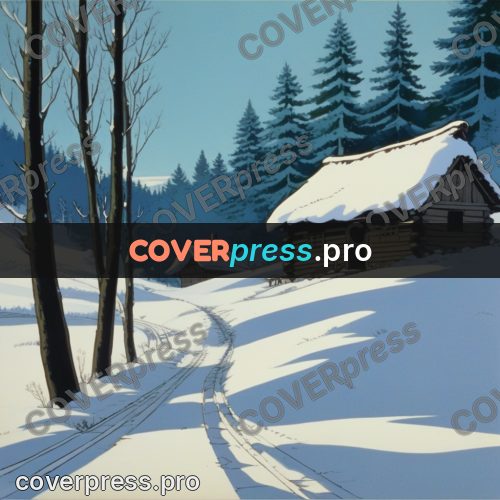 Anime style drawing: snowy village among firs