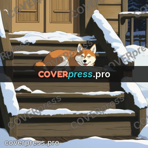 Anime style drawing: dog on snowy steps
