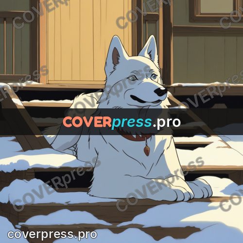 Anime style drawing: dog on snowy steps