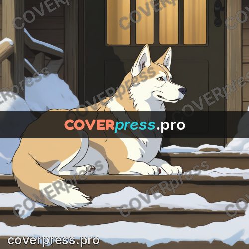 Anime style drawing: dog on snowy steps