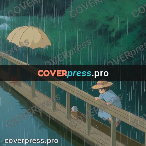 Anime style drawing: umbrella on a bridge in rain