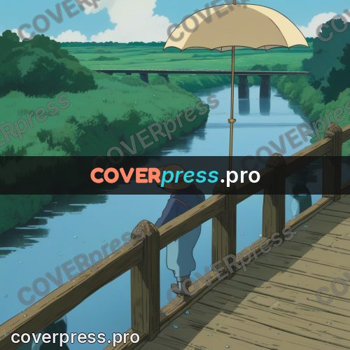 Anime style drawing: umbrella on a bridge in rain